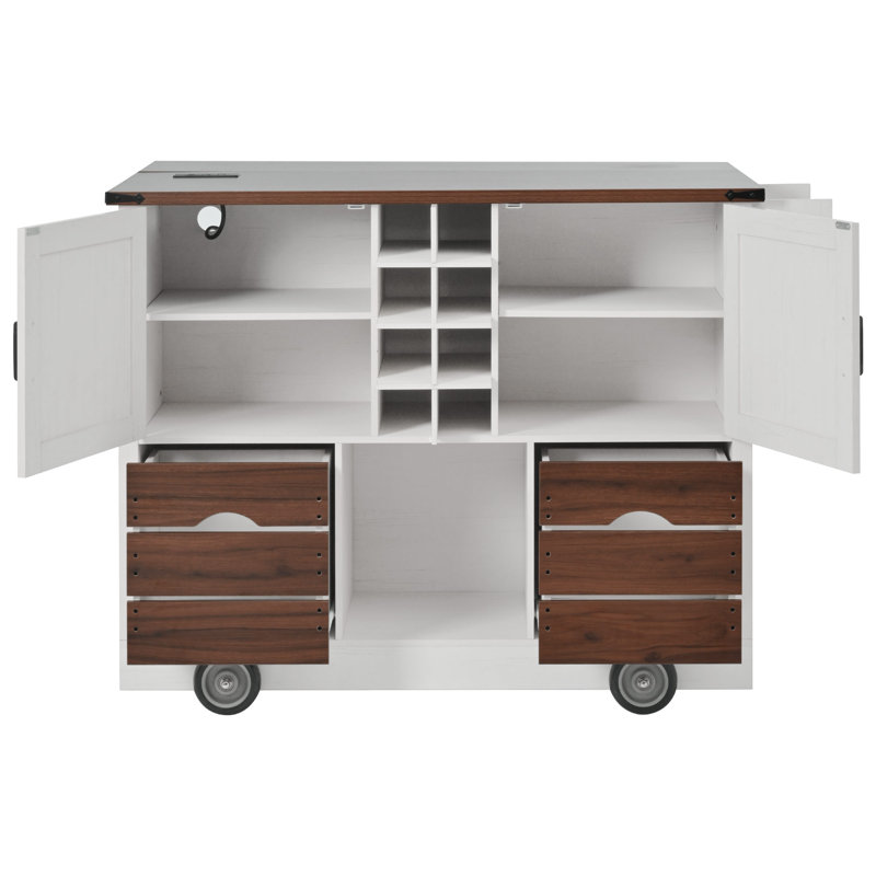 54" Farmhouse Kitchen Island with Drop Leaf, Power Outlet, Kitchen Storage Cart with 2 Doors, 2 Drawers, Rolling Kitchen Island on 4 Large Wheels with Spice Rack