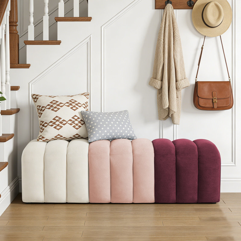 53.5"W Ombre Color Upholstered Entryway Boucle Bench, Pink
