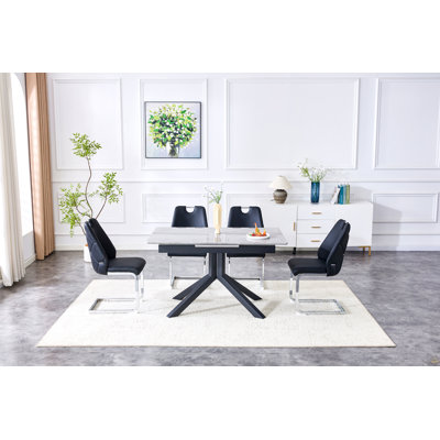 Modern Rectangular Dining Table with Light Gray Painted MDF Top and Sturdy Geometric Metal Legs, Contemporary Kitchen Table for Dining Room, Office or