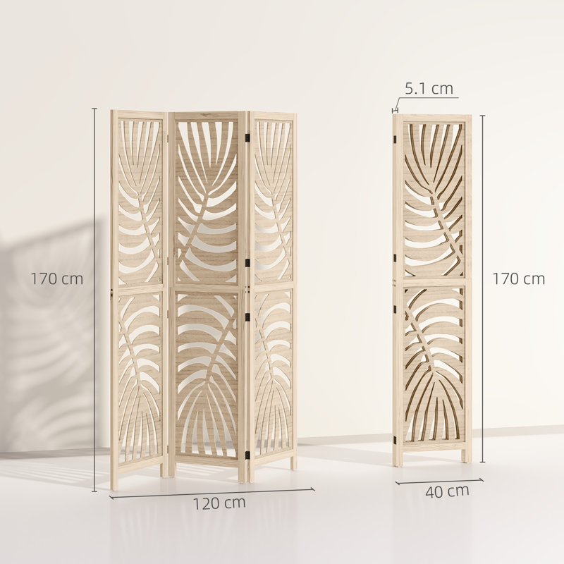 HOMCOM 3 Panel Privacy Screens with Palm Leaf Design, Natural Wood Finish