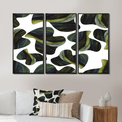 Formes vert foncé sur fond blanc - impression sur toile flottante 3 pièces