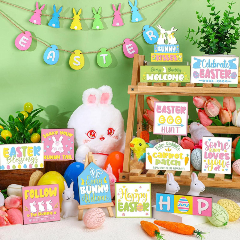 Décoration de Pâques, plateau à plusieurs niveaux, pastel de printemps, panneaux en bois, lapin, bloc d'œufs, maison de campagne décorative, plateau de printemps, décoration de Pâques rustique pour la maison