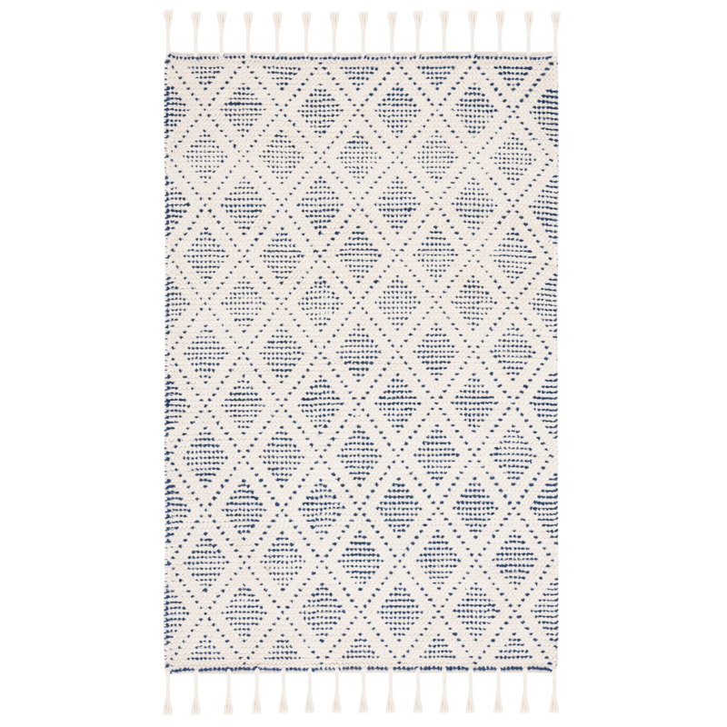 Gulielma Hand Loomed Wool/Cotton Geometric Rug in Blue/Ivory, Rectangle 6' x 9'