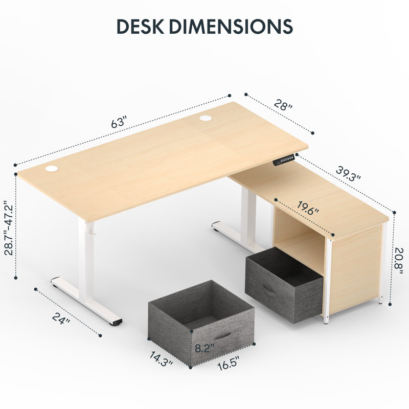 63" L-Shaped Reversible Standing Desk with Drawers & Shelves, Height Adjustable Executive Desk for Home Office, Natural/White