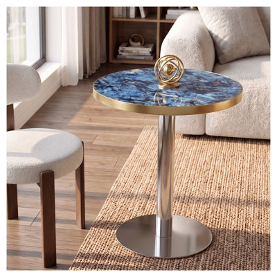 Table de salle à manger ronde de 60 cm (23,6 po) avec plateau en MDF effet marbre et bordure en acier inoxydable, table d'appoint bistro moderne bleu/doré