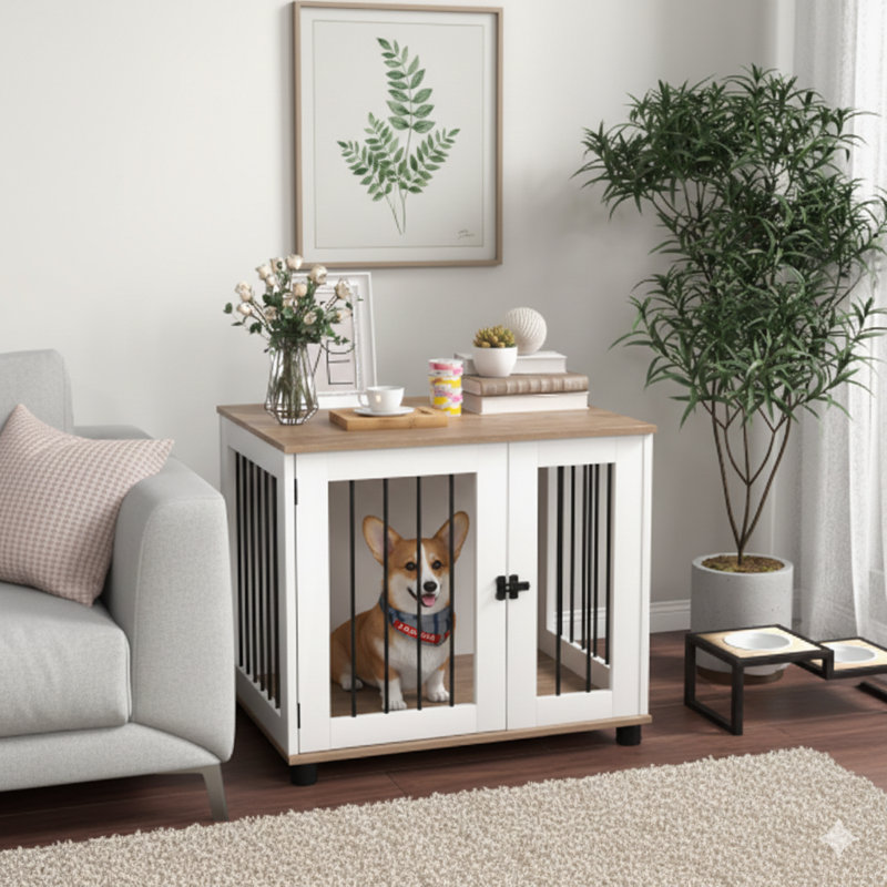 La cage pour chien conçue comme meuble, servant de table d'appoint et de chenil d'intérieur, sert de table de bout avec une porte verrouillable pour les petits et moyens chiens, avec une finition en noyer brun