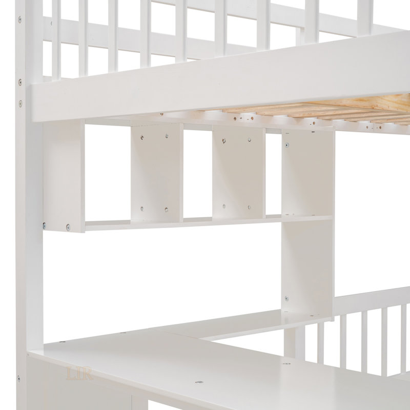 Lit superposé double au-dessus de simple avec bureau, tiroirs et tablettes pour un espace de vie compact et organisé, blanc