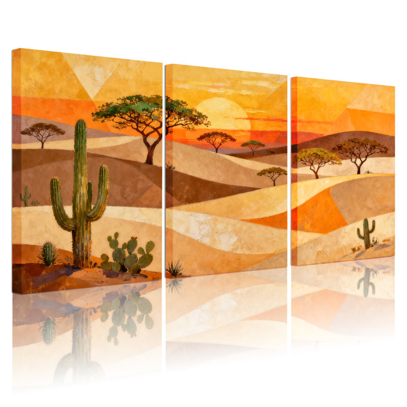 Cactus, paysage désertique, coucher de soleil, arbres de cactus, soleil, couleurs chaudes, ensemble de 3 impressions sur toile