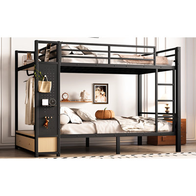 Full/Full Black Metal Bunk Bed With Headboard Drawers And Side - Meeting Demands Of Small Rooms Storage Platform Needs Different Users