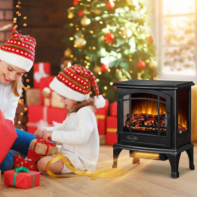 Poêle-cheminée électrique autoportant de 51 cm (20 pouces), structure en métal et verre, 1400 W, 120 V - 60 Hz (norme américaine), panneau de commande à 4 boutons avec fonctions marche/arrêt, flamme, chauffage et minuterie, télécommande incluse, noir