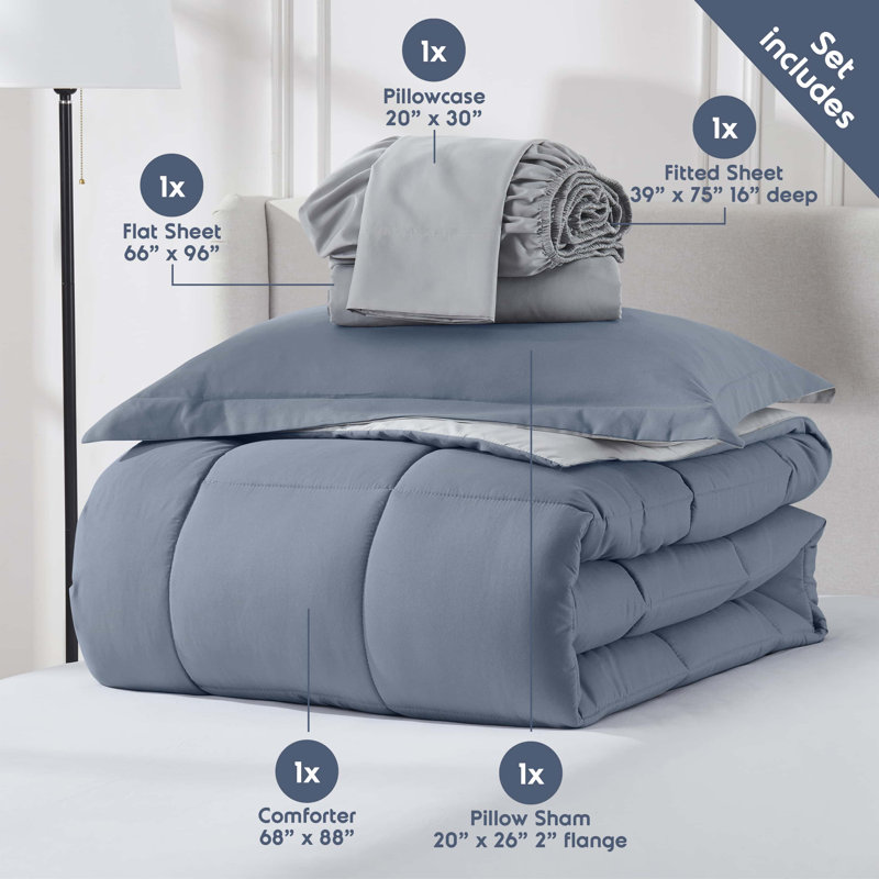 Bed-in-A-Bag Reversible Comforter Set with Bed Sheets, Twin Comforter + 5 Additional Pieces, Stone Blue