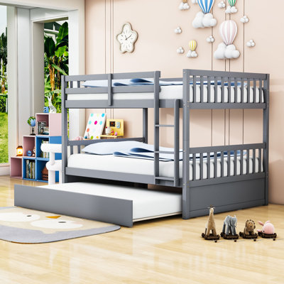 Full Over Full Wood Bunk Bed With Twin Trundle, Ladder And Guardrails
