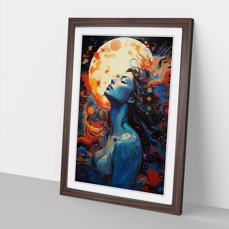 Moon Expressionism - Single Picture Frame Print on Wood, Walnut Framed, 34cm H x 25cm W x 2cm D