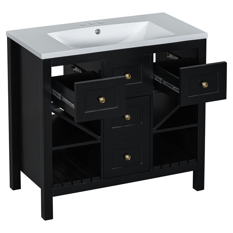Armoire de rangement pour salle de bain avec lavabo en résine et 5 tiroirs, Noir, noir, noir, noir