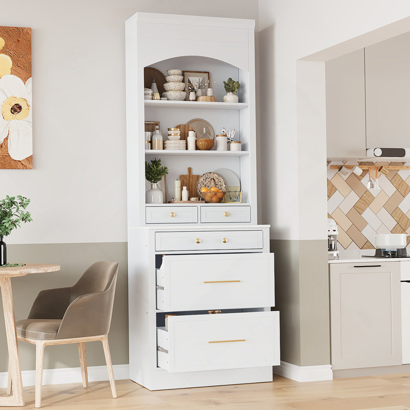 Garde-manger moderne haut de 83,7 pouces avec plateau en faux marbre, grande armoire autoportante avec 5 tiroirs et tablette réglable, blanc