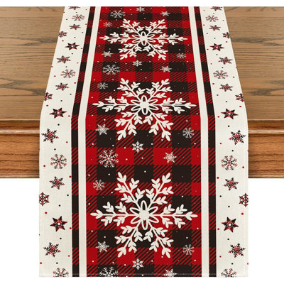 Buffalo Plaid Snowflakes Christmas Table Runner, Seasonal Winter Kitchen Dining Table Decoration For Home Party Decor 13x72 Inch