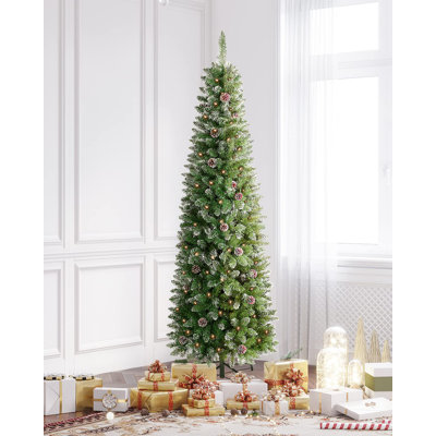  Arbre de Noël floqué au crayon, arbre de Noël artificiel à charnière de 6 pi avec pommes de pin et 250 lumières pré-installées pour la décoration des Fêtes à l'intérieur et à l'extérieur