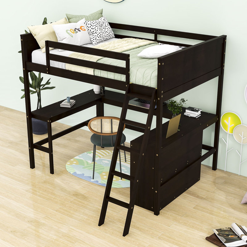 Wood Loft Bed with Desk and Shelves, Espresso, Twin