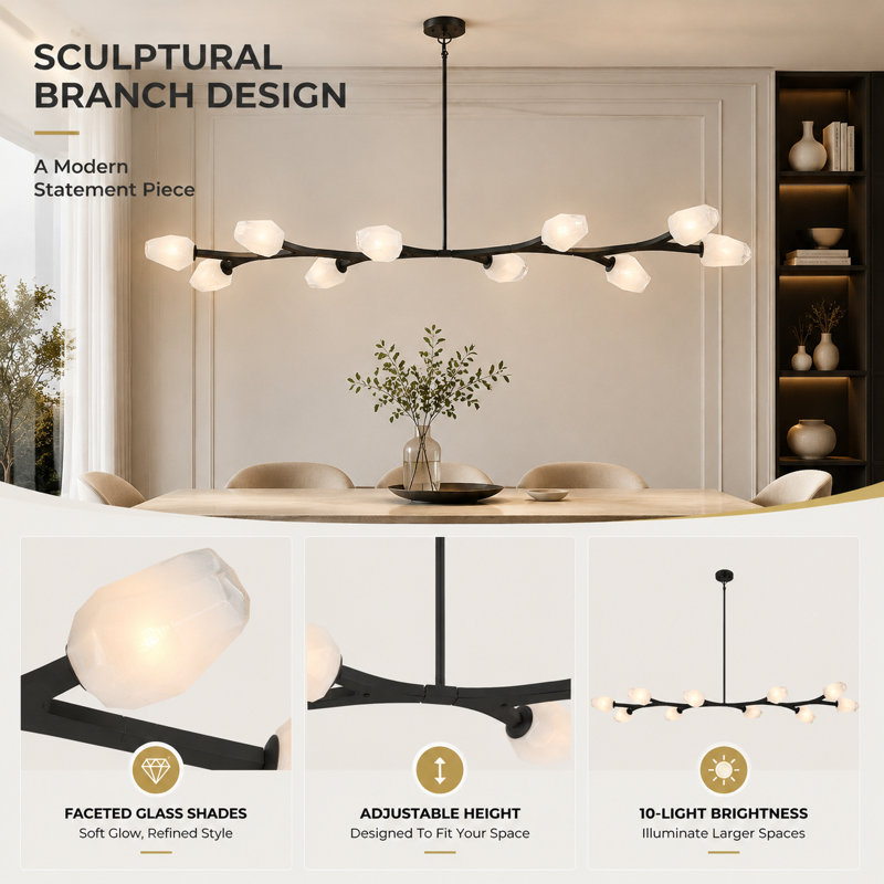 10-Lights  Adjustable Modern Linear Branch Chandelier, Black