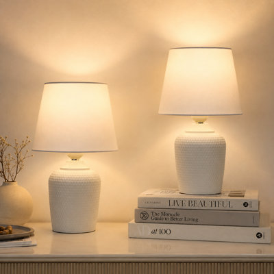Set of 2 White 11.8" Small Table Lamps with Fabric Shades, Cute Bedside, Desk, Nursery and Reading Lights for Bedrooms, Kids Rooms and Home Offices