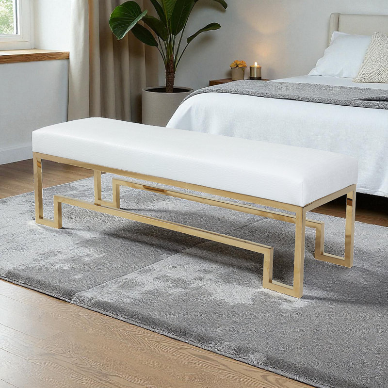 Pangea Home Declan Laurence Modern Upholstered 54" Bench with Gold or Silver Metal Steel legs – Elegant Accent Seating for Bedroom, Entryway, Kitchen, Office, Waiting Rooms, or Living Room - White Bench with Gold Legs