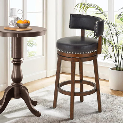 Modern Swivel Counter Bar Stool With Upholstered Back, Wood Base, Dark Brown