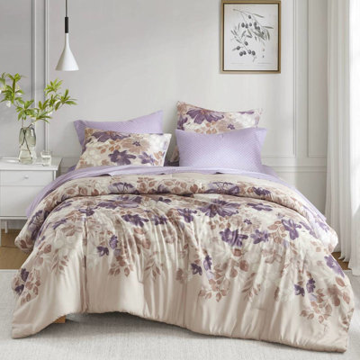 Queen Bed Floral Comforter And Sheet , In A Bag With Taupe Color, 2 Shams, 1 Flat Sheet, Fitted Pillowcases, , Watercolor Print Size Sheets, Filling, Design