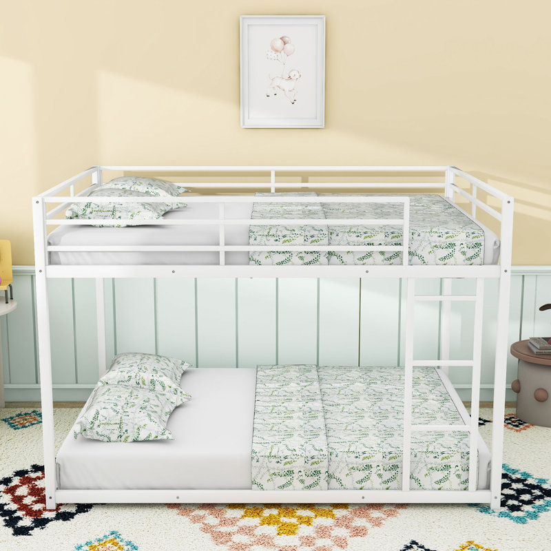 Full Over Full Metal Bunk Bed With Built-In Ladder And Full-Length Guardrails, White