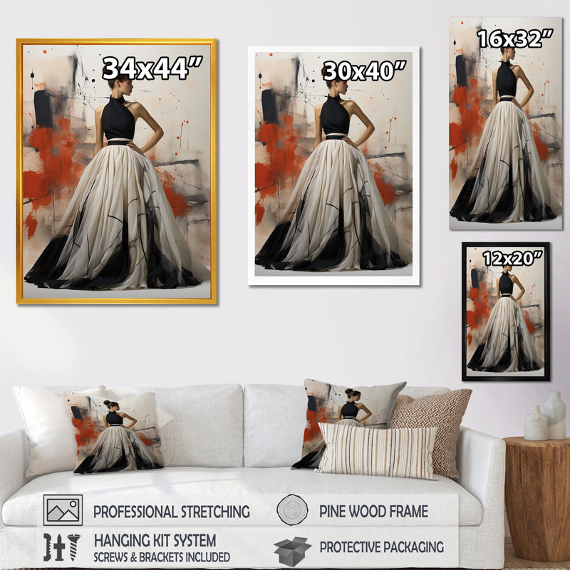 Robe noire et blanche chic - art mural Dior, Cadre flottant noir, H 32 po x l 24 po x P 1 po