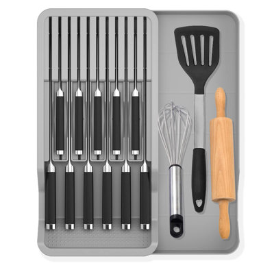 Drawer-Style Expandable Plastic Knife Rack, 11 Knife Positions, Kitchen-Safe Storage Tray