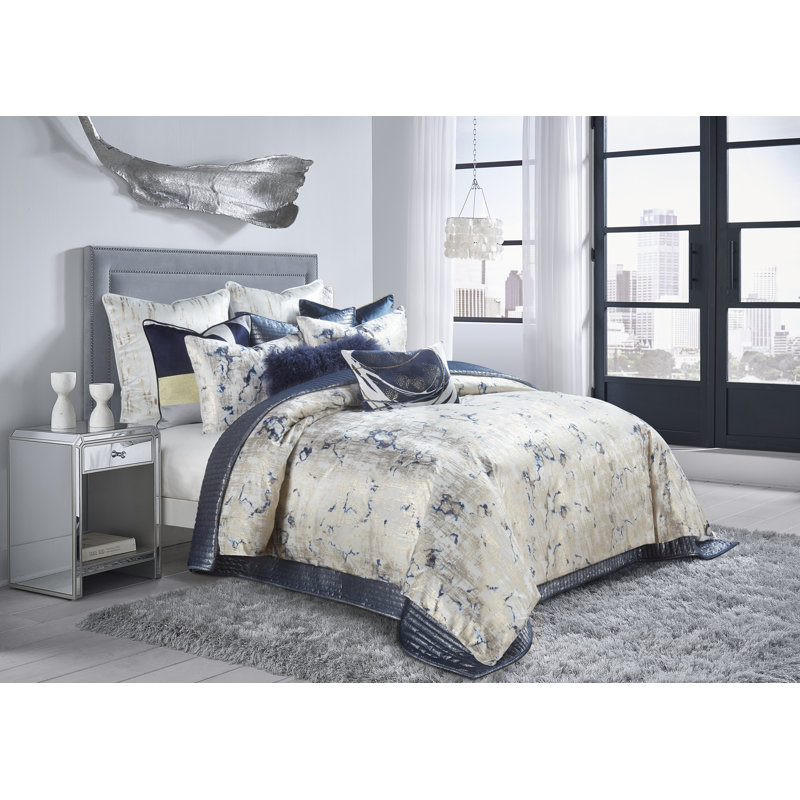 Ensemble de housse de couette en polyester 3 pièces bleu / gris Toppenish, Housse de couette pour grand lit + 2 taies décora