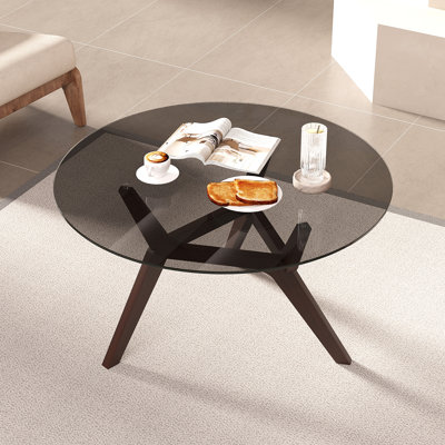 Round Coffee Table with Solid Wood Legs, Minimalist Tempered Glass Table