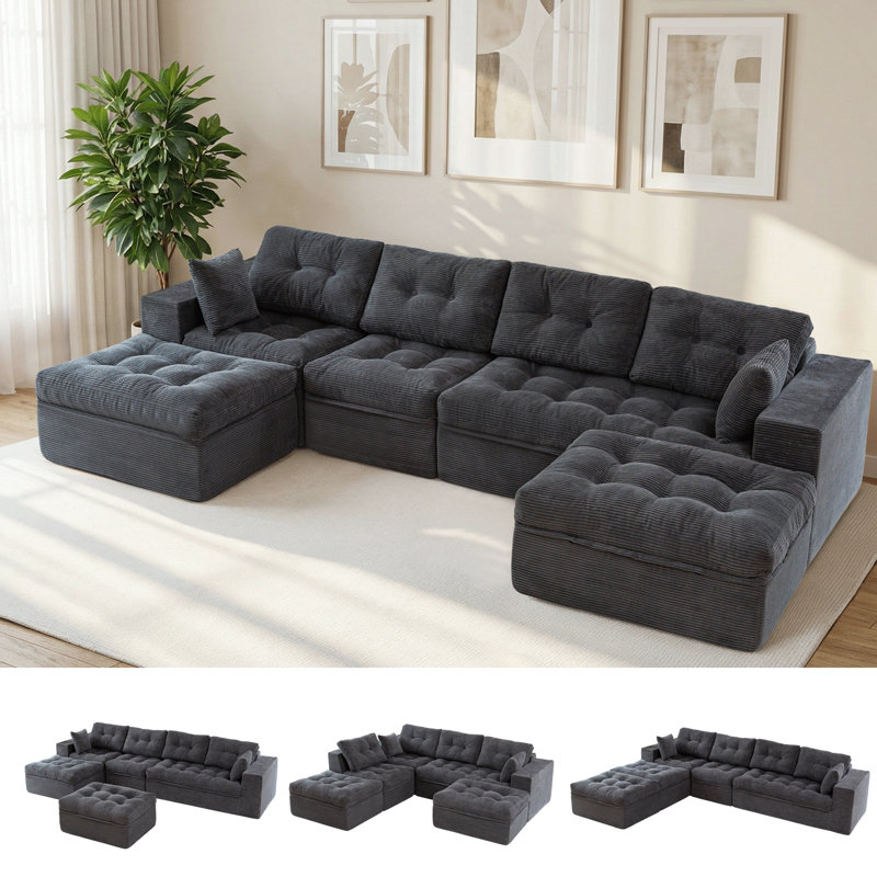 Canapé modulaire en velours côtelé Boneless, canapé modulaire 4-en-1, H 21 po x l 130 po x P 66,5 po, Gris