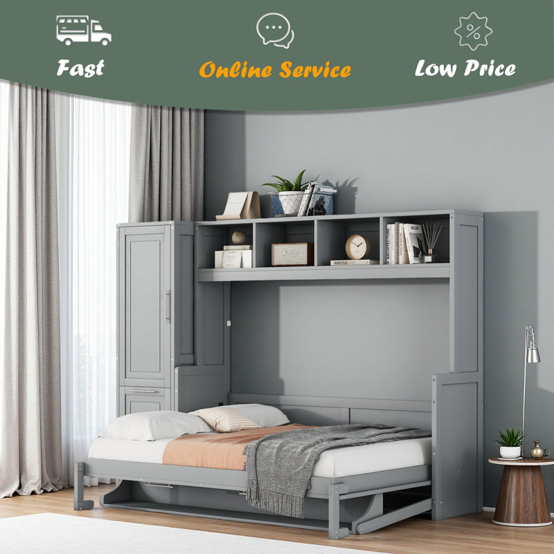 Lit escamotable double avec placard et tiroirs, Gris