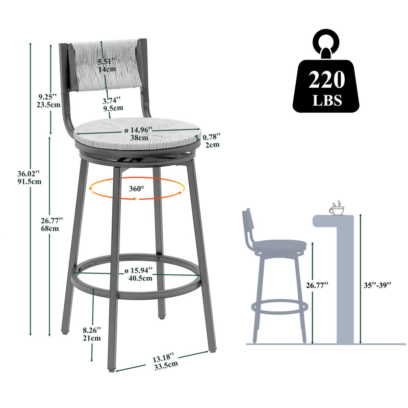 Set of 2 Bar Height Bar Stools, Cream