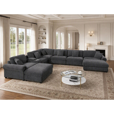 Oversized Corner Sectional 8 Seat Chenille Cloud Sofa With Double Ottomans, Dual Cup Holders & Storage & Usb