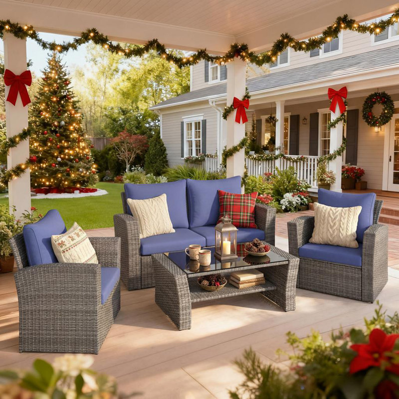 Arora 4 Piece Rattan Sofa Seating Group with Back&Seat Cushions, Gray Frame/Blue Cushion
