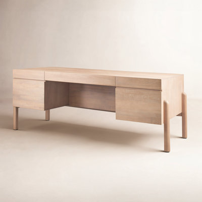 Trellyn Light Brown Solid Wood Carved Woven Desk