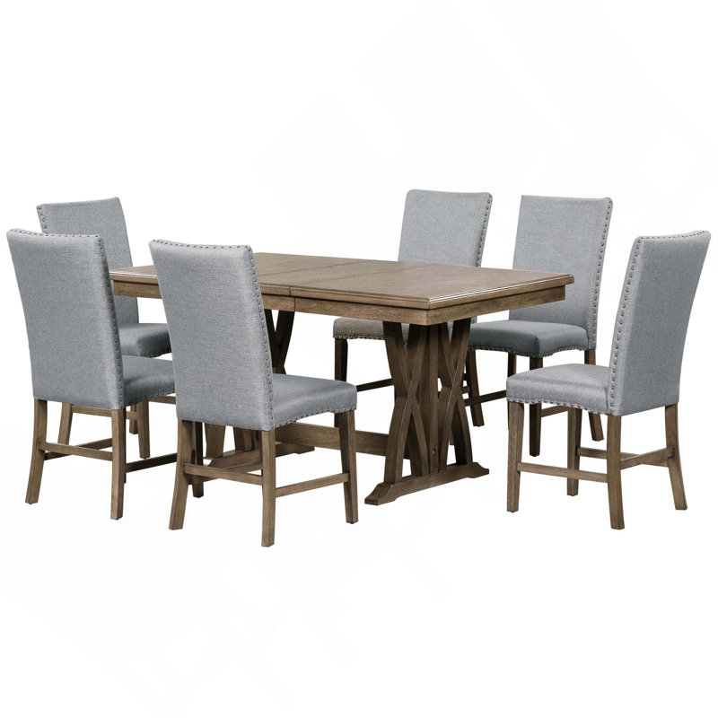 Ensemble de salle à manger Mid-Century en bois massif 7 pièces, table de cuisine extensible avec rallonge 12 po et 6 chaises rembourrées