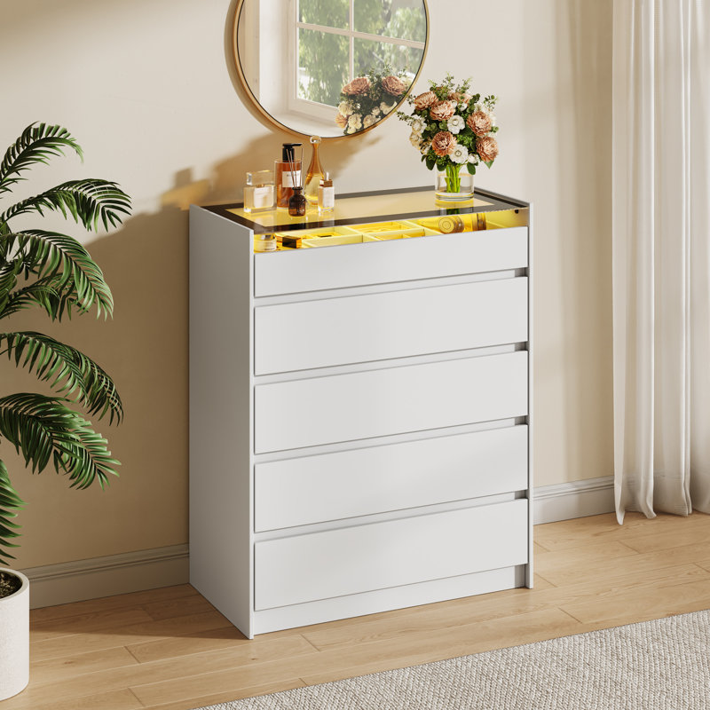 Commode haute blanche 5 tiroirs avec lumières DEL et commode en verre, Blanc