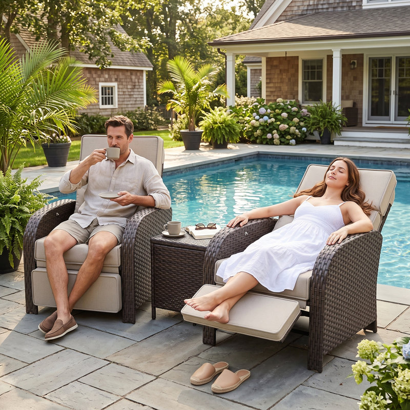 Méridienne de patio, fauteuil inclinable d'extérieur en osier avec dossier et repose-pieds réglables, Beige