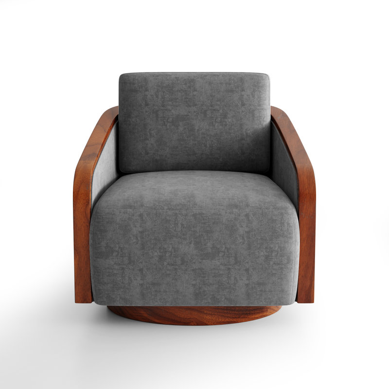 Upholstered Farmhouse Edging Swivel Barrel Chair With Toss Pillows, Dark Gray