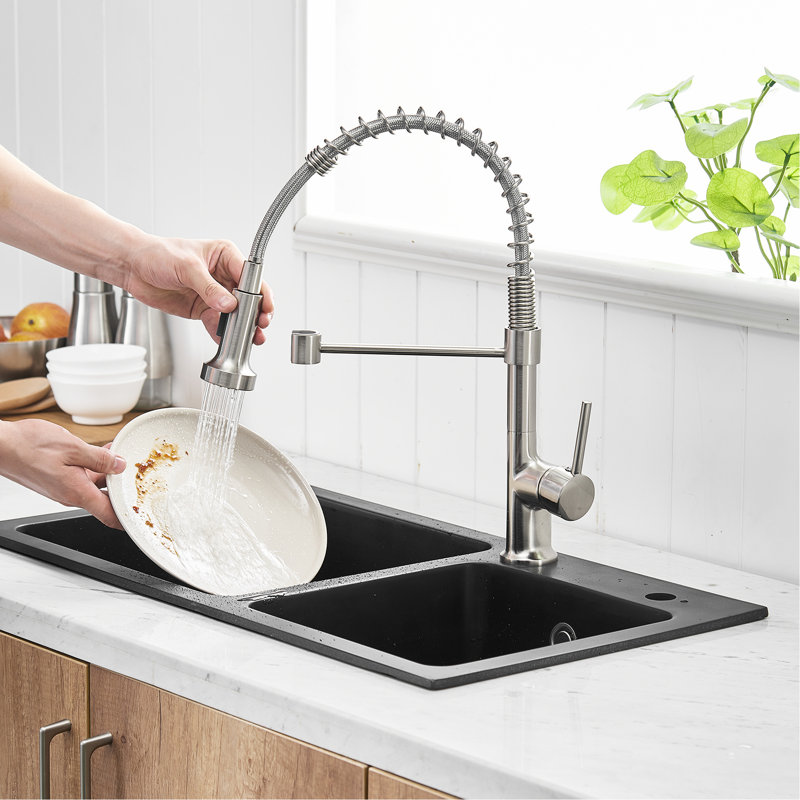 Robinet d'évier de cuisine avec bec rétractable, nickel brossé, rotatif à 360 degrés, bec rotatif à fonctionnement simple, remplisseur en céramique