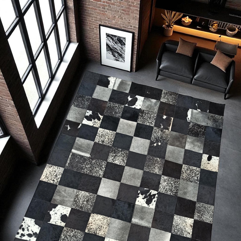 Tapis noir et blanc en cuir de vache à carreaux_10 x 14 pi, Rectangle 10 pi x 14 pi