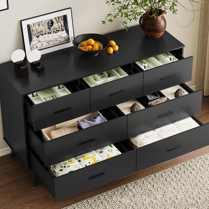 7 Drawer MDF Wide Modern Chest Of Drawers With X-Shaped Sturdy Base, Black