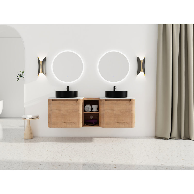 Meuble-lavabo mural de 152 cm (60 po) avec lavabo en céramique décorative, 1 tablette de rangement, porte à fermeture amortie, emballage démonté, contreplaqué, design contemporain, lavabo lisse et finition en pierre.