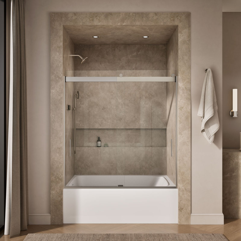 Levity 59.62" x 62" Bypass Bath Door with CleanCoat® Technology, Clear, Matte Nickel