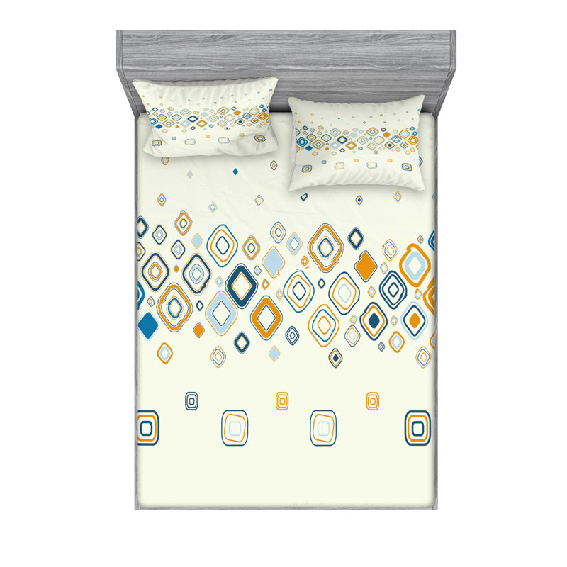Microfiber Sheet Set, Full Sheet Set with Fitted Sheet and 2 Pillowcases, Blue/Green/Orange Geometric