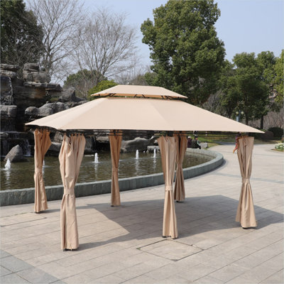 Powder-coated steel rectangular gazebo with beige-toned polyester canopy and double-tier ventilated roof, 13x10 ft