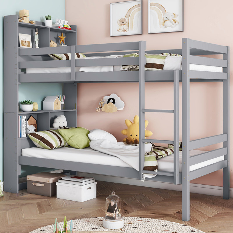 Lit superposé simple au-dessus de simple avec tablettes, conception convertible, barrières de sécurité et échelle, idéal pour les petits espaces et les maisons modernes, gris